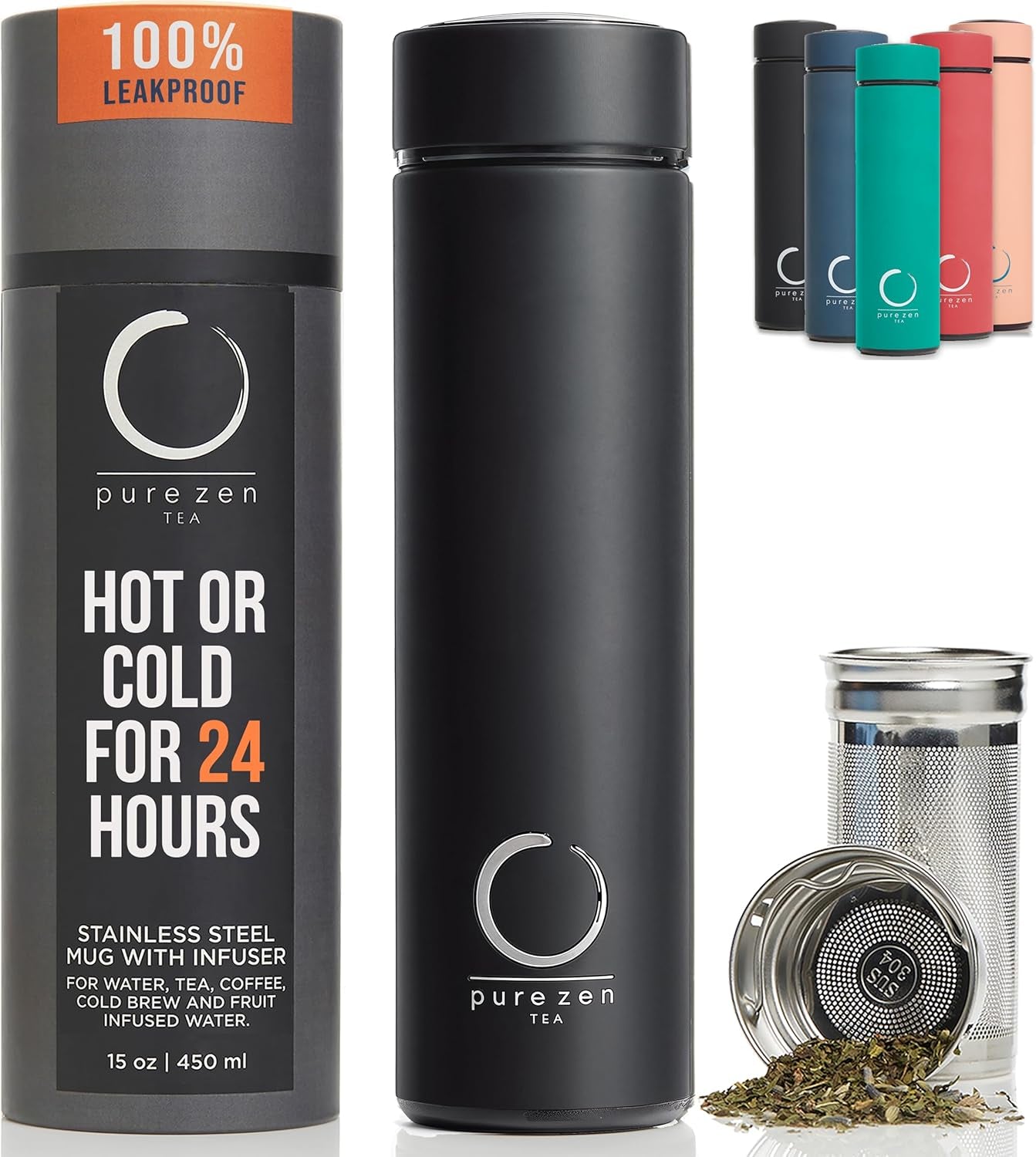 Pure Zen Stainless Steel Tea Thermos with Infuser for Hot and Cold Beverages - 15oz Leakproof Travel Mug for Coffee and Fruit-Infused Water - Black