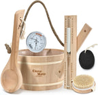 Sauna Accessories Kit - 6-Piece Set with Handmade Wooden Bucket and Ladle, 1 Gallon Capacity, Thermometer, Hygrometer, Hourglass Timer, Sauna Brush, and Pumice Stone for Home Use