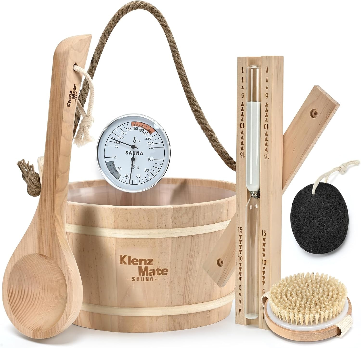 Sauna Accessories Kit - 6-Piece Set with Handmade Wooden Bucket and Ladle, 1 Gallon Capacity, Thermometer, Hygrometer, Hourglass Timer, Sauna Brush, and Pumice Stone for Home Use