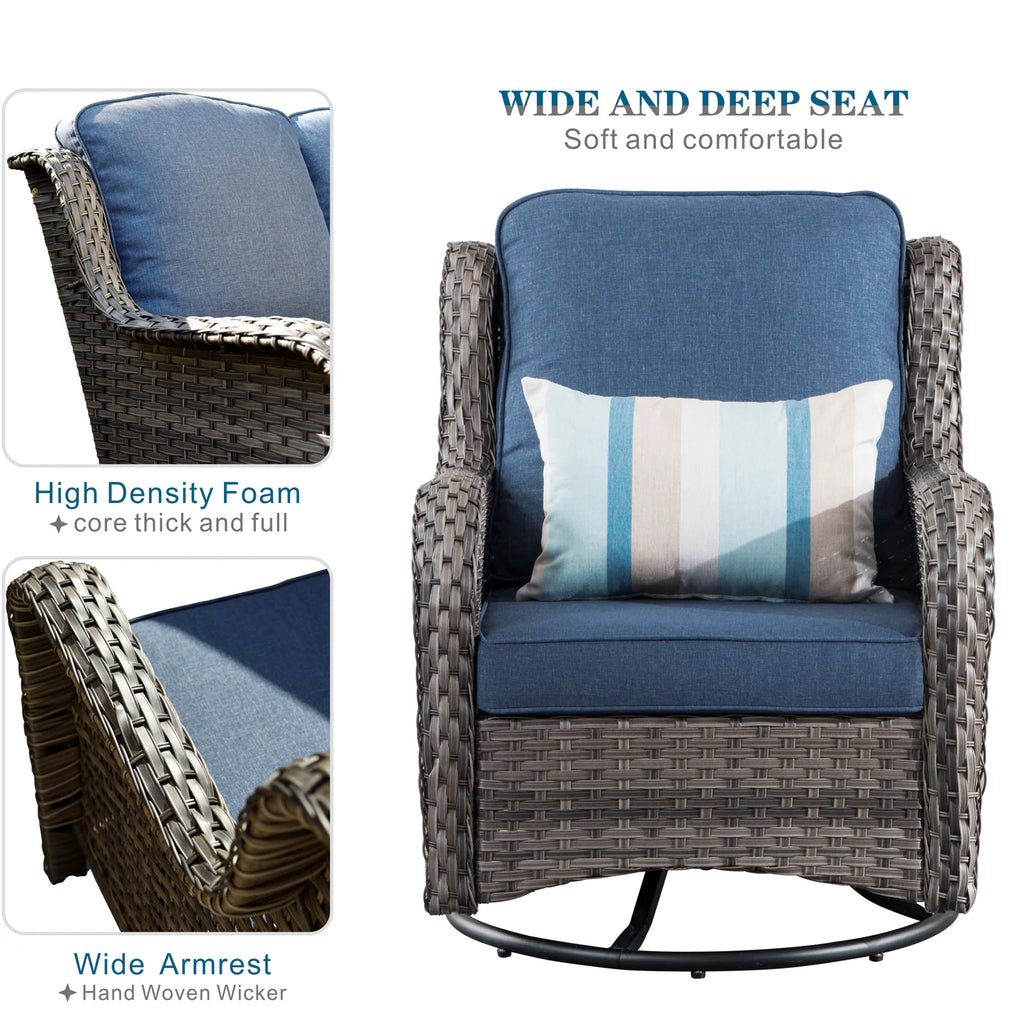 Chic Set of 2 Denim Blue Cushioned Rattan Swivel Rocking Chairs with Gray Wicker Frame - Perfect for Outdoor Relaxation