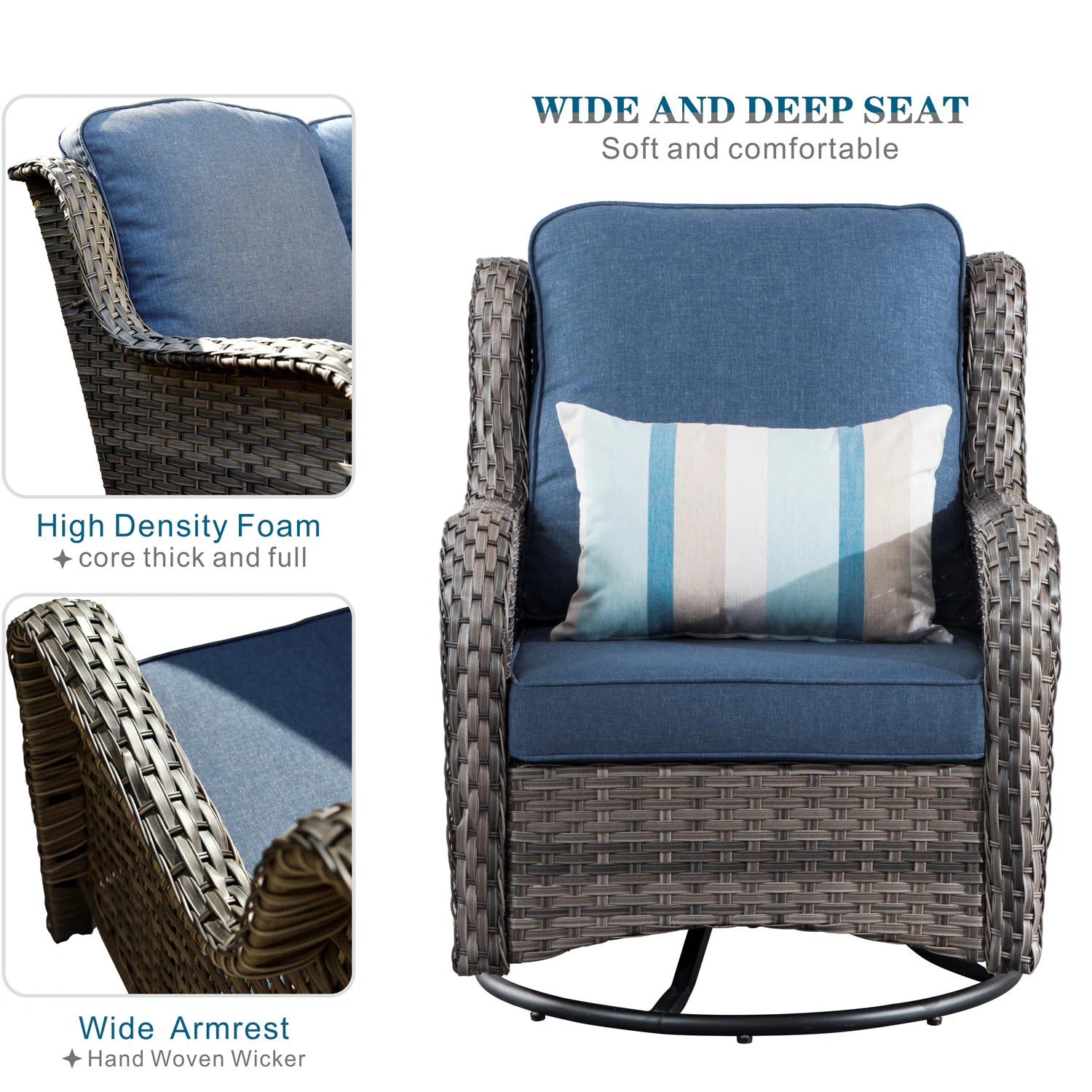 Chic Set of 2 Denim Blue Cushioned Rattan Swivel Rocking Chairs with Gray Wicker Frame - Perfect for Outdoor Relaxation