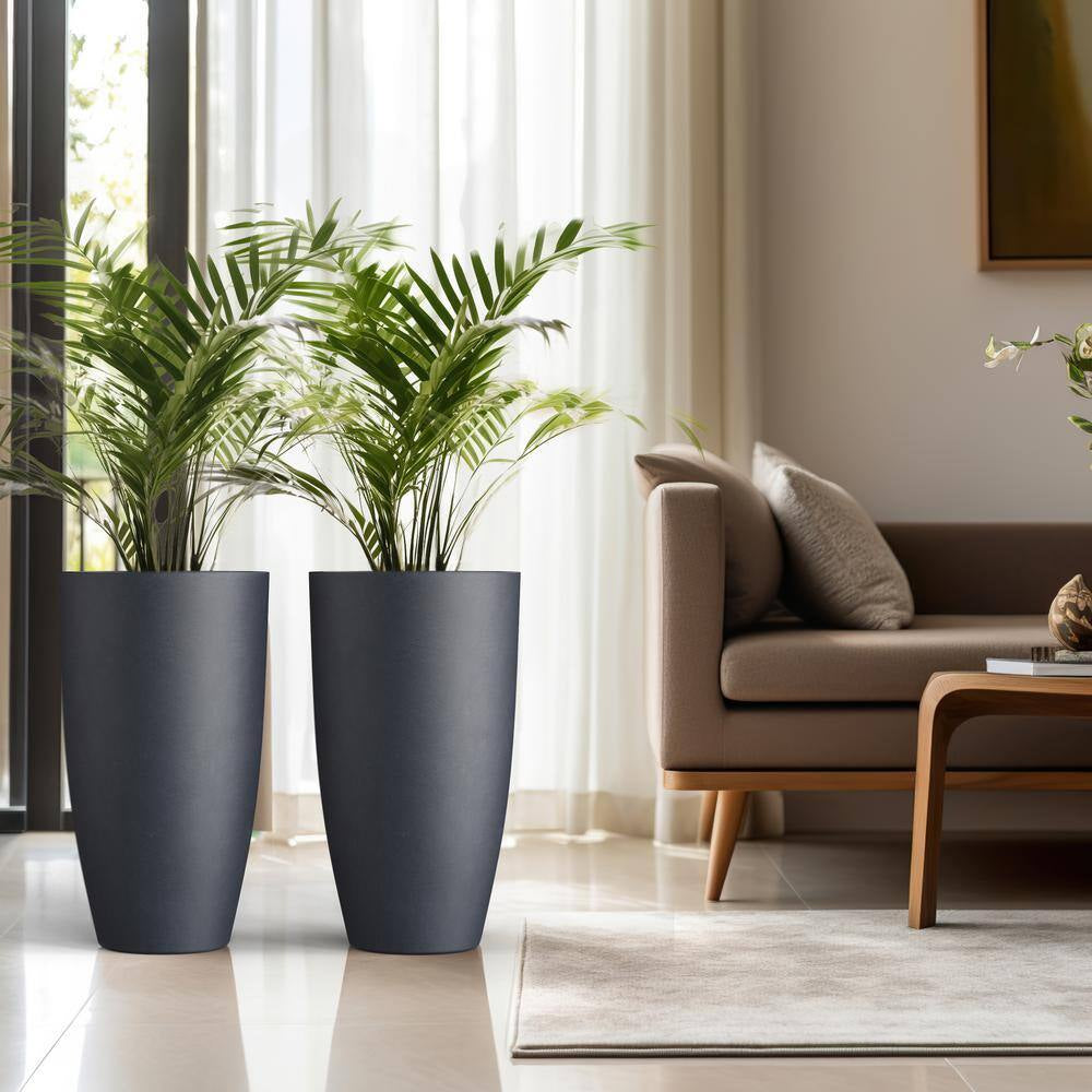 Stylish Medium Gray Concrete Tall Tapered Cylinder Planters with Drainage Holes - Perfect for Indoor & Outdoor Spaces (2-Pack)