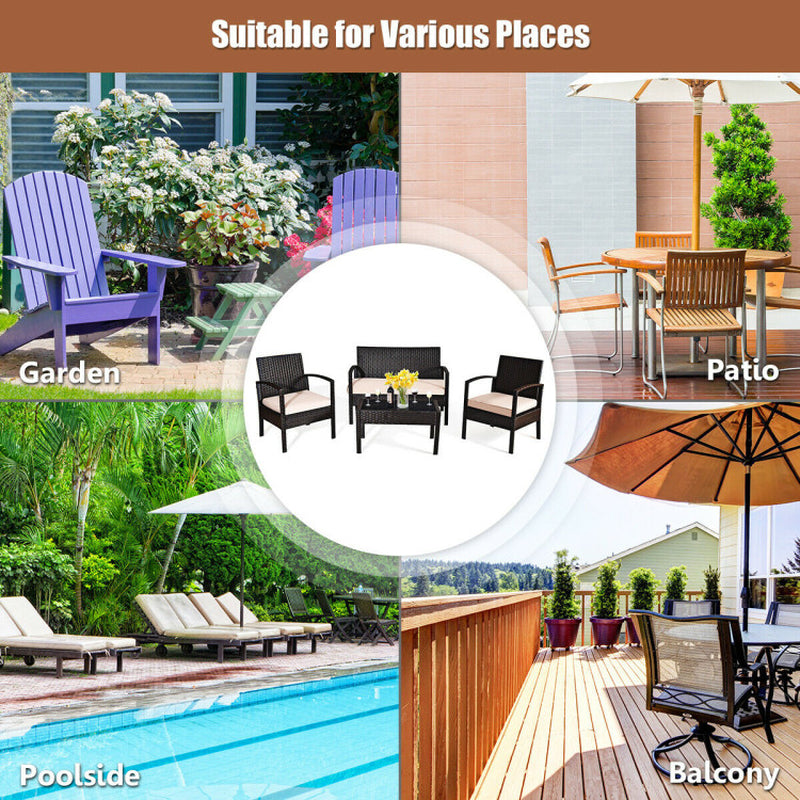 Transform Your Outdoor Space with Our 4-Piece Patio Rattan Conversation Set – Loveseat, Single Sofas, and Glass-Top Coffee Table