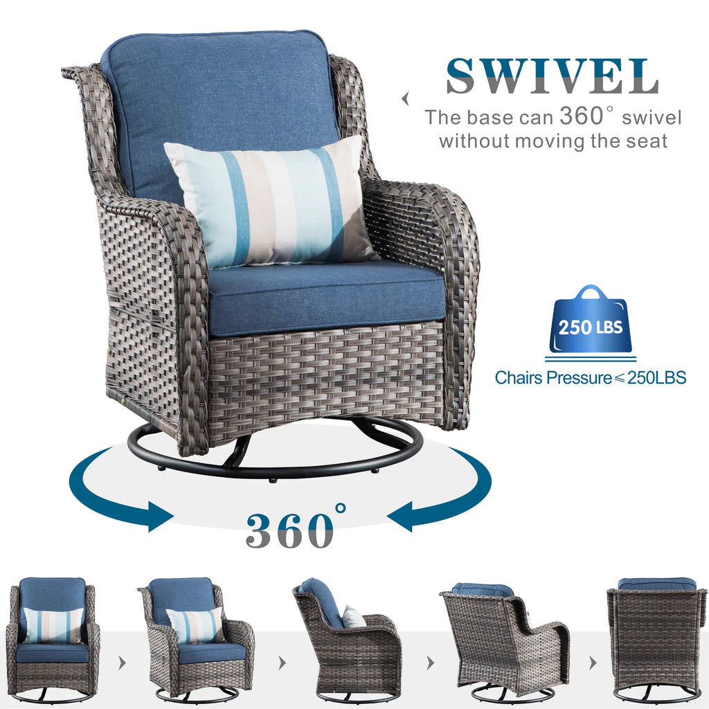 Chic Set of 2 Denim Blue Cushioned Rattan Swivel Rocking Chairs with Gray Wicker Frame - Perfect for Outdoor Relaxation