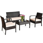 Transform Your Outdoor Space with Our 4-Piece Patio Rattan Conversation Set – Loveseat, Single Sofas, and Glass-Top Coffee Table