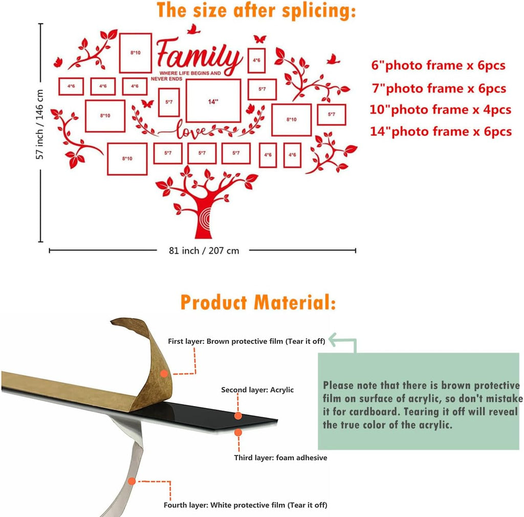 3D Family Tree Wall Decor Sticker - DIY Collage Picture Frames for Living Room Decoration