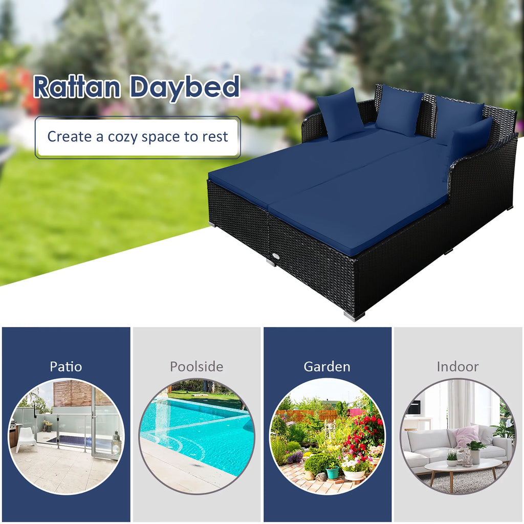 Luxurious Navy Rattan Outdoor Daybed with Cushions - Perfect for Relaxation and Style