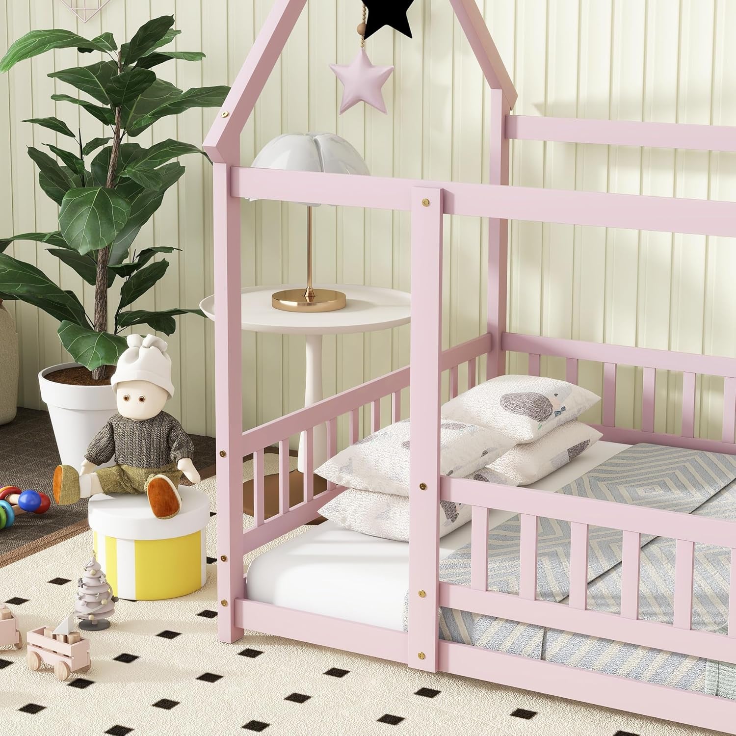 Pink Full Size Montessori Floor Bed Solid Wood Frame