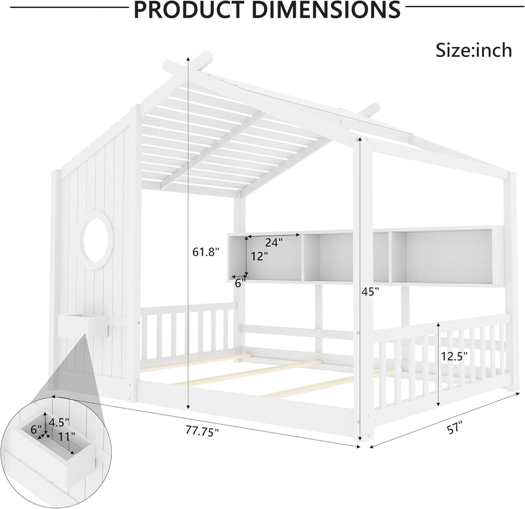 White Full Size Floor Bed Playhouse Storage Shelves