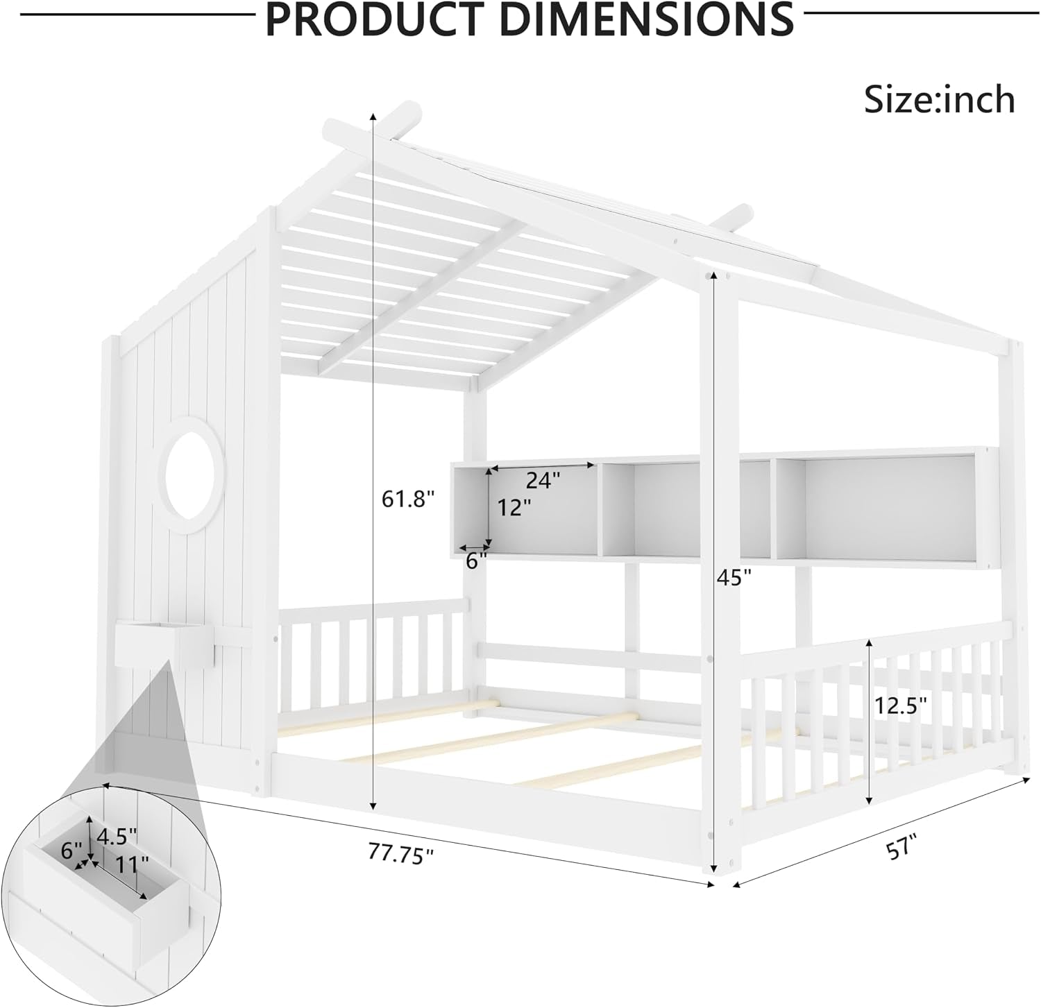 White Full Size Floor Bed Playhouse Storage Shelves