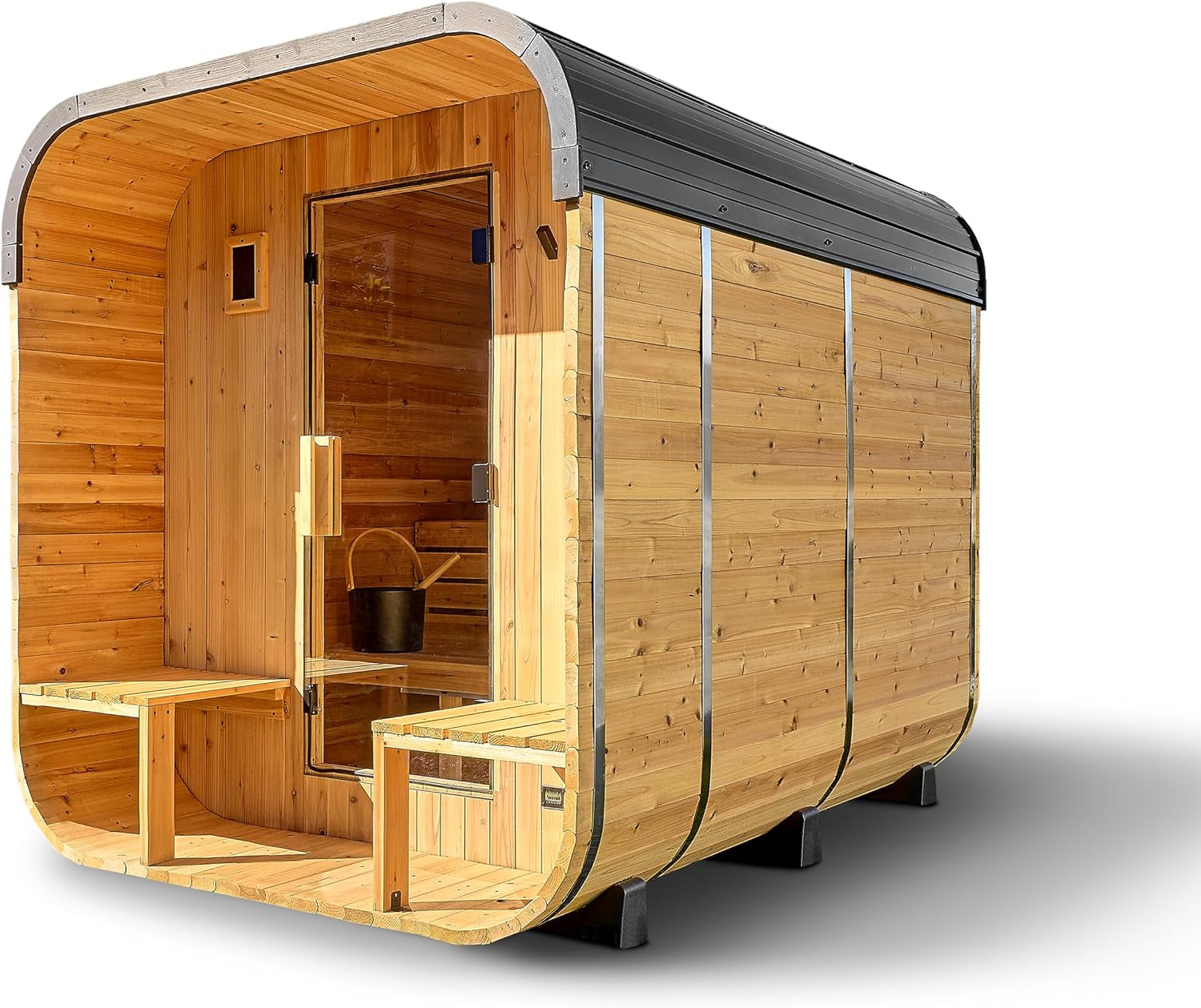 Lennon Traditional Cedar Outdoor Cube Sauna for 4-6 Persons with Porch, Electric Heater, Sauna Rocks, Dry Heat and Steam Options, LED Lighting, Wi-Fi Control, and Accessories
