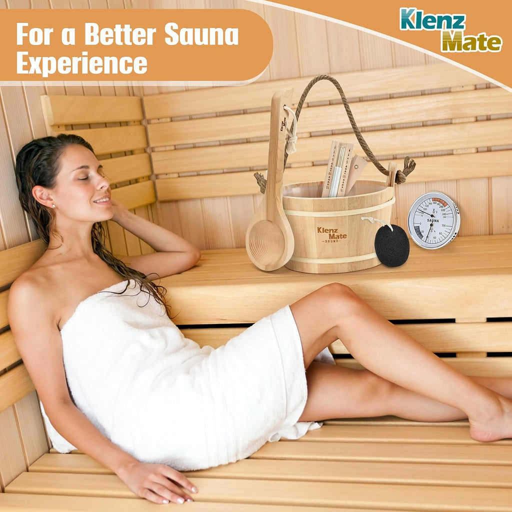 Sauna Accessories Kit - 6-Piece Set with Handmade Wooden Bucket and Ladle, 1 Gallon Capacity, Thermometer, Hygrometer, Hourglass Timer, Sauna Brush, and Pumice Stone for Home Use