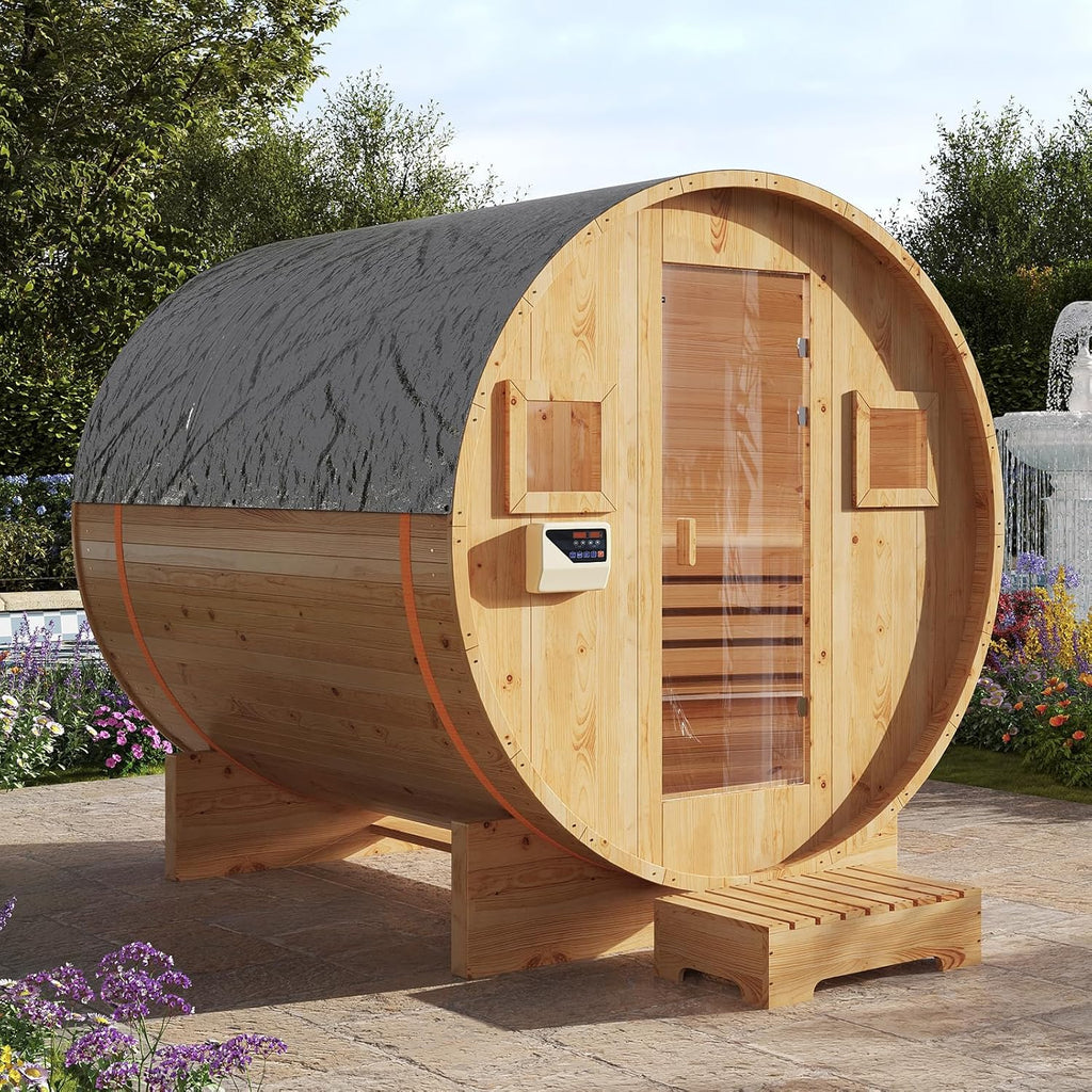 Outdoor Traditional Barrel Sauna for 4-6 Persons with 220V 6KW Electric Heater and Sauna Stones