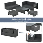 6 Pieces Patio Rattan Furniture Set with Glass Table and Cushioned Seat