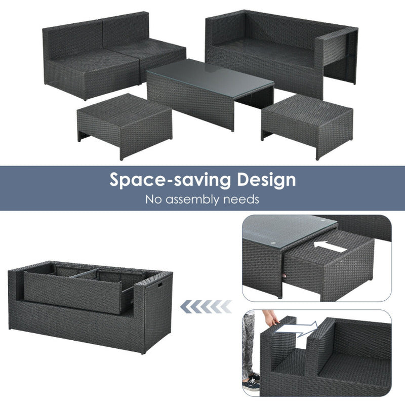 6 Pieces Patio Rattan Furniture Set with Glass Table and Cushioned Seat