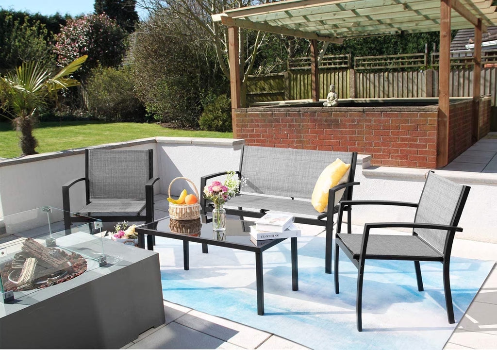 4 Pieces Patio Furniture Outdoor Furniture Outdoor Patio Furniture Set Textilene Bistro Set Modern Conversation Set Black Bistro Set with Loveseat Tea Table, Grey