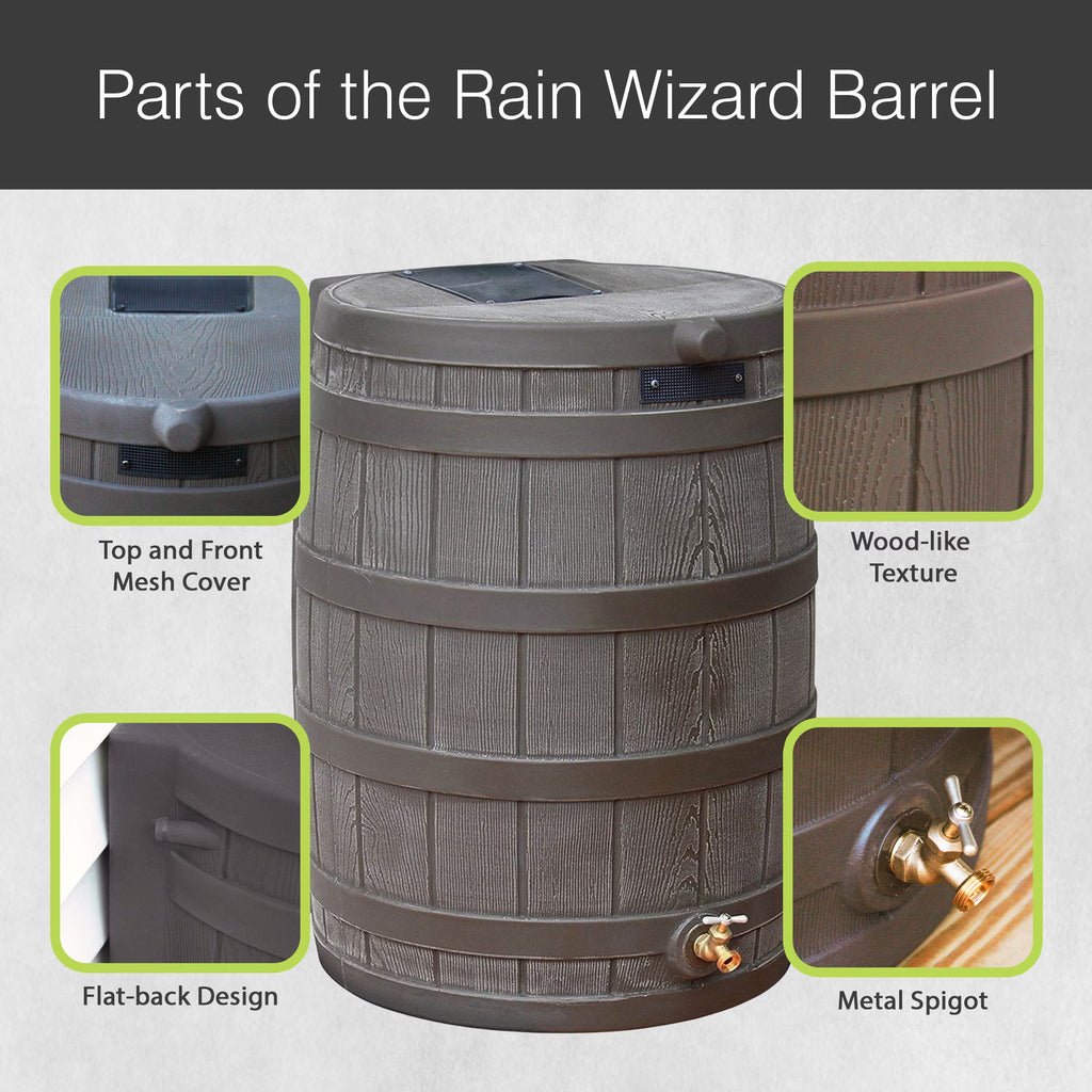 RW50 Rain Wizard 50Gal Plastic Rain Barrel Water Collector, Oak