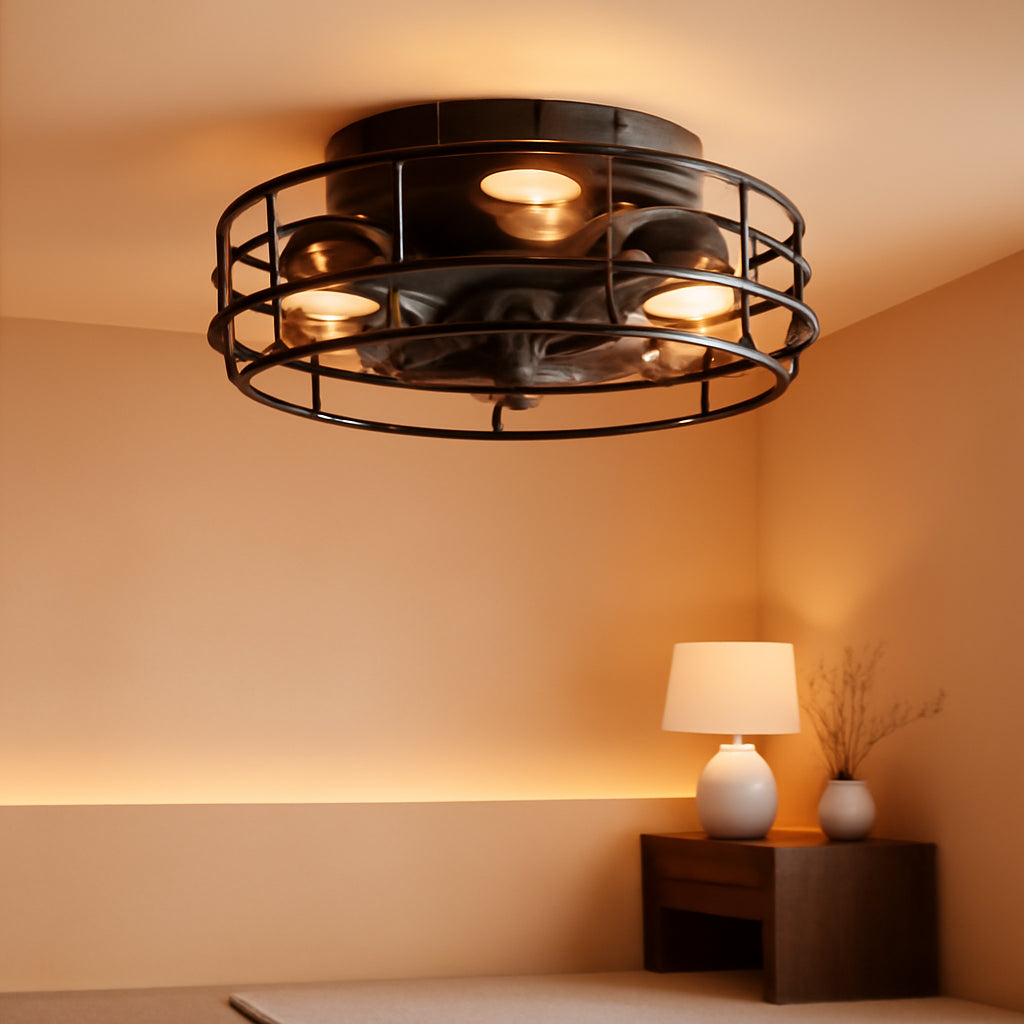 Caged Ceiling Fan With Vintage Industrial Lighting