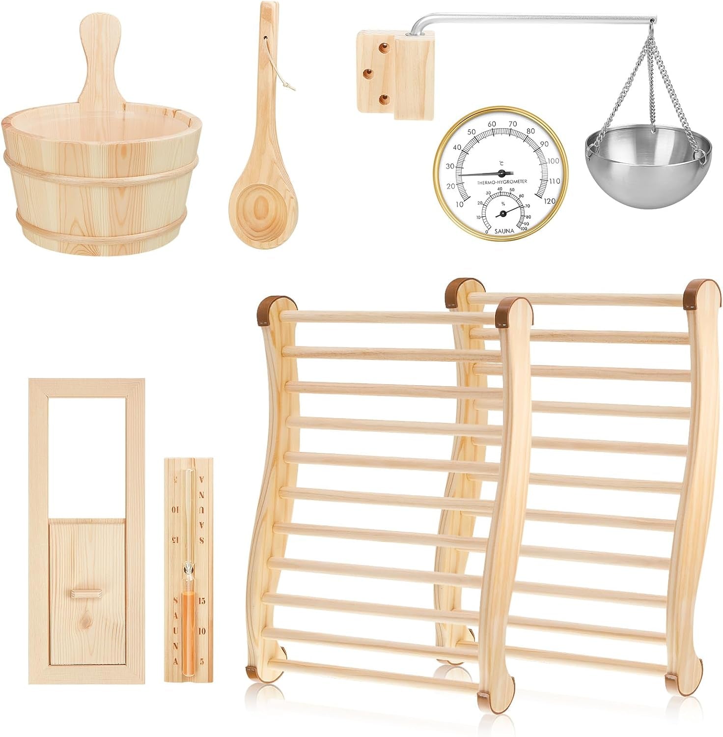 8-Piece Sauna Accessories Set: Wooden Bucket and Ladle, Thermometer and Hygrometer, Hourglass Timer, Two Backrests, Gable Vent, and Aromatherapy Oil Bowl – Ideal Gifts for Sauna Enthusiasts and Home Spa Experience