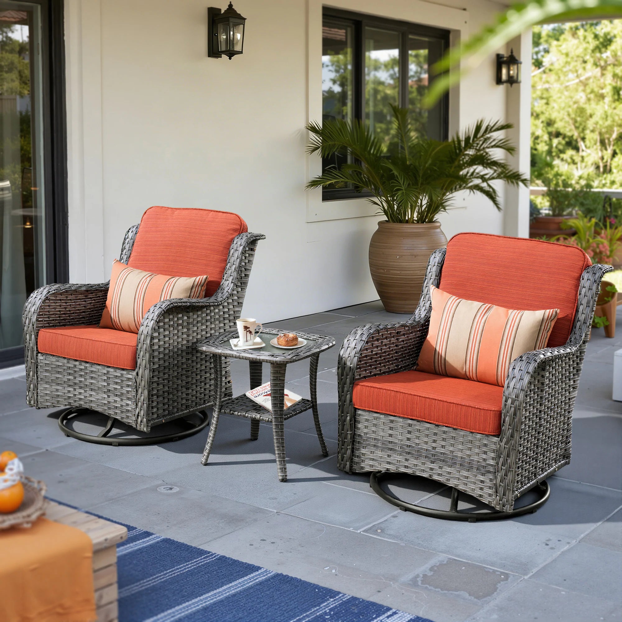 Chic Set of 2 Denim Blue Cushioned Rattan Swivel Rocking Chairs with Gray Wicker Frame - Perfect for Outdoor Relaxation