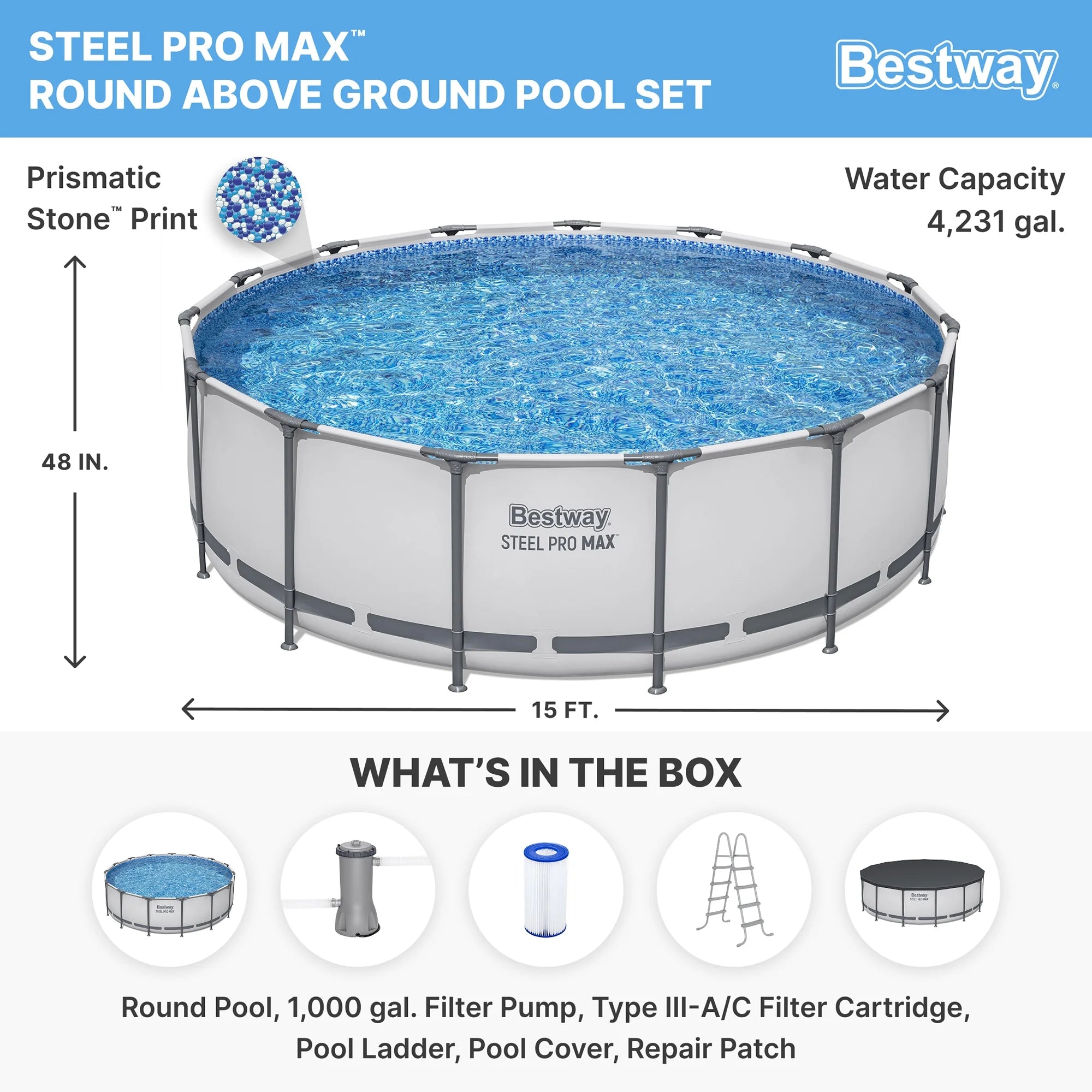 Bestway:  MAX 15' X 48" above Ground Pool Set - 4231 Gallon, Outdoor Family Pool, Corrosion & Puncture Resistant, Includes Filter, Pump, Ladder & Cover