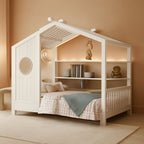 White Full Size Floor Bed Playhouse Storage Shelves