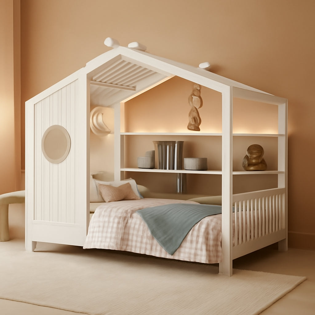 White Full Size Floor Bed Playhouse Storage Shelves