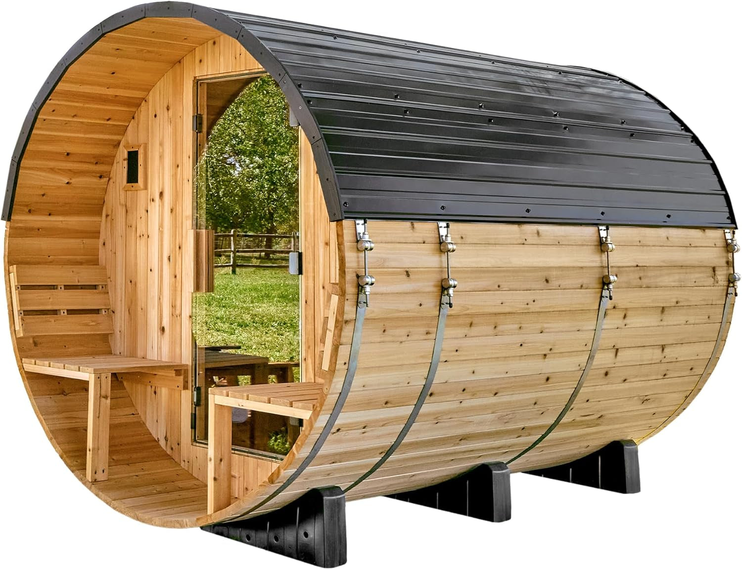 Backyard Discovery Paxton Traditional Cedar Barrel Sauna for 4-6 Persons with Electric Heater, Front Porch, Sauna Rocks, Dry Heat, Steam Options, LED Lighting, Wi-Fi Control, and Accessories