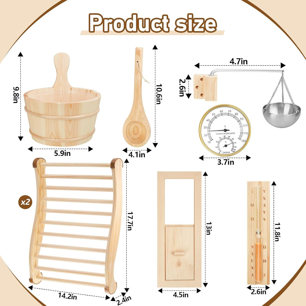 8-Piece Sauna Accessories Set: Wooden Bucket and Ladle, Thermometer and Hygrometer, Hourglass Timer, Two Backrests, Gable Vent, and Aromatherapy Oil Bowl – Ideal Gifts for Sauna Enthusiasts and Home Spa Experience