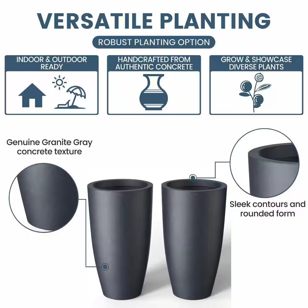 Stylish Medium Gray Concrete Tall Tapered Cylinder Planters with Drainage Holes - Perfect for Indoor & Outdoor Spaces (2-Pack)