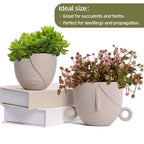 Charming Succulent Face Flower Pots - Set of 2 Stylish Ceramic Planters for Indoor/Outdoor Decor with Drainage in Elegant Brown