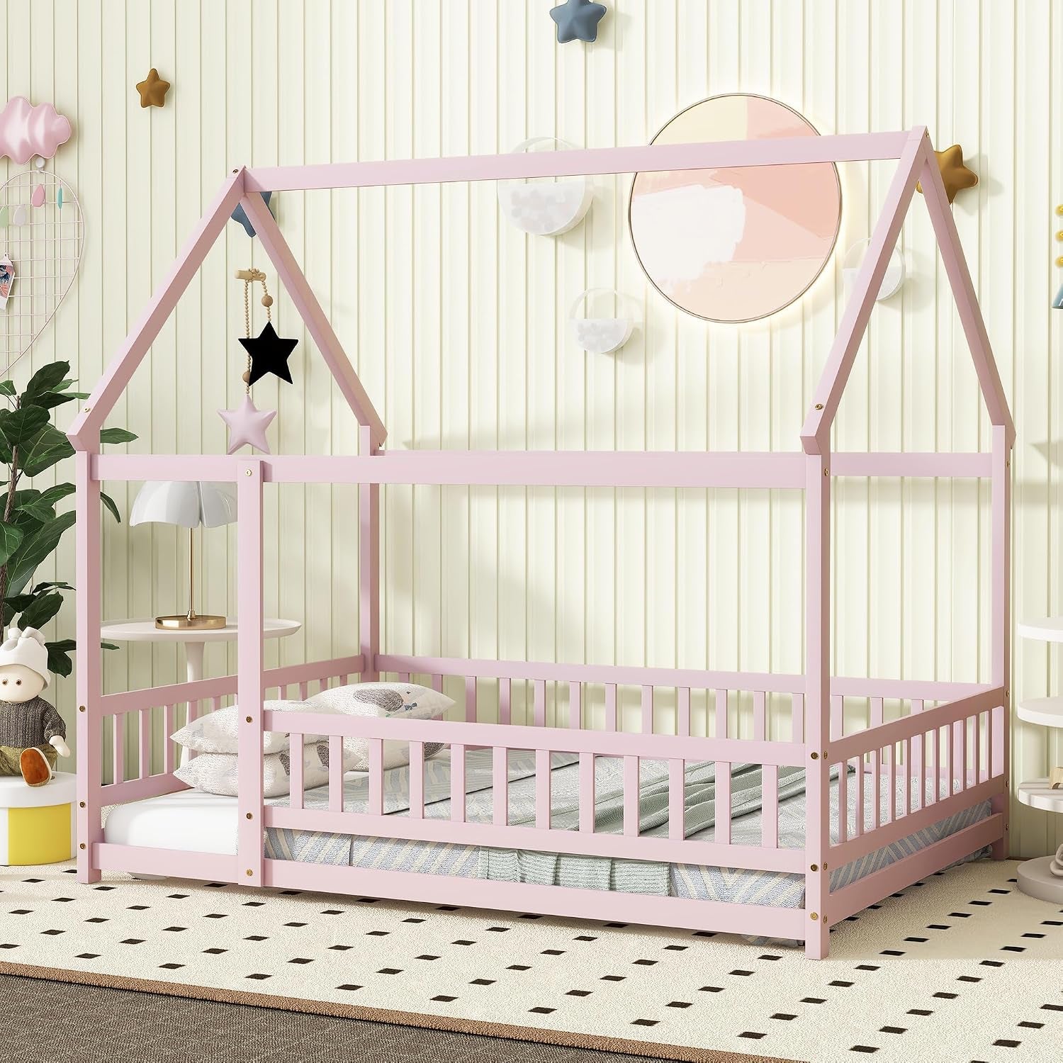 Pink Full Size Montessori Floor Bed Solid Wood Frame