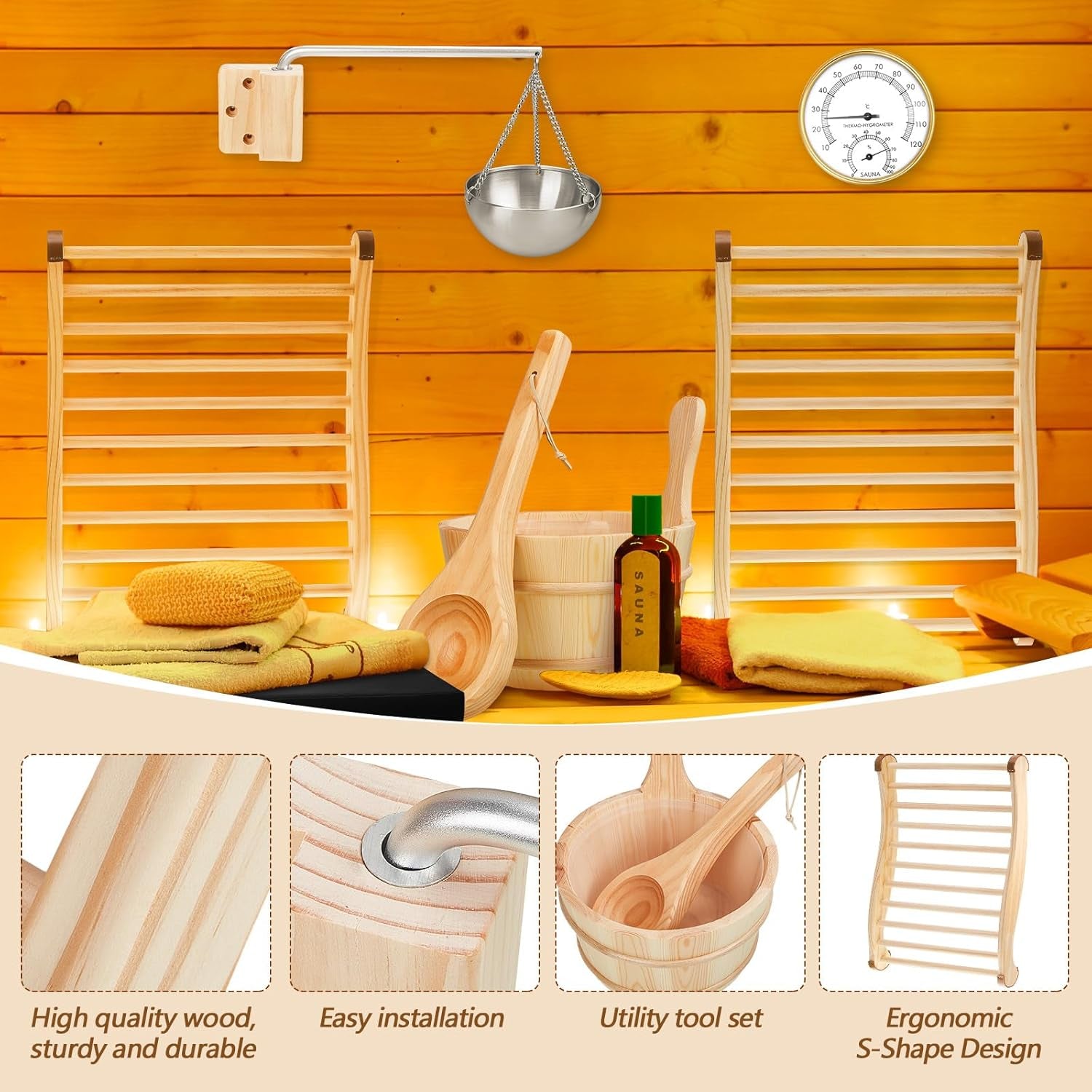 8-Piece Sauna Accessories Set: Wooden Bucket and Ladle, Thermometer and Hygrometer, Hourglass Timer, Two Backrests, Gable Vent, and Aromatherapy Oil Bowl – Ideal Gifts for Sauna Enthusiasts and Home Spa Experience