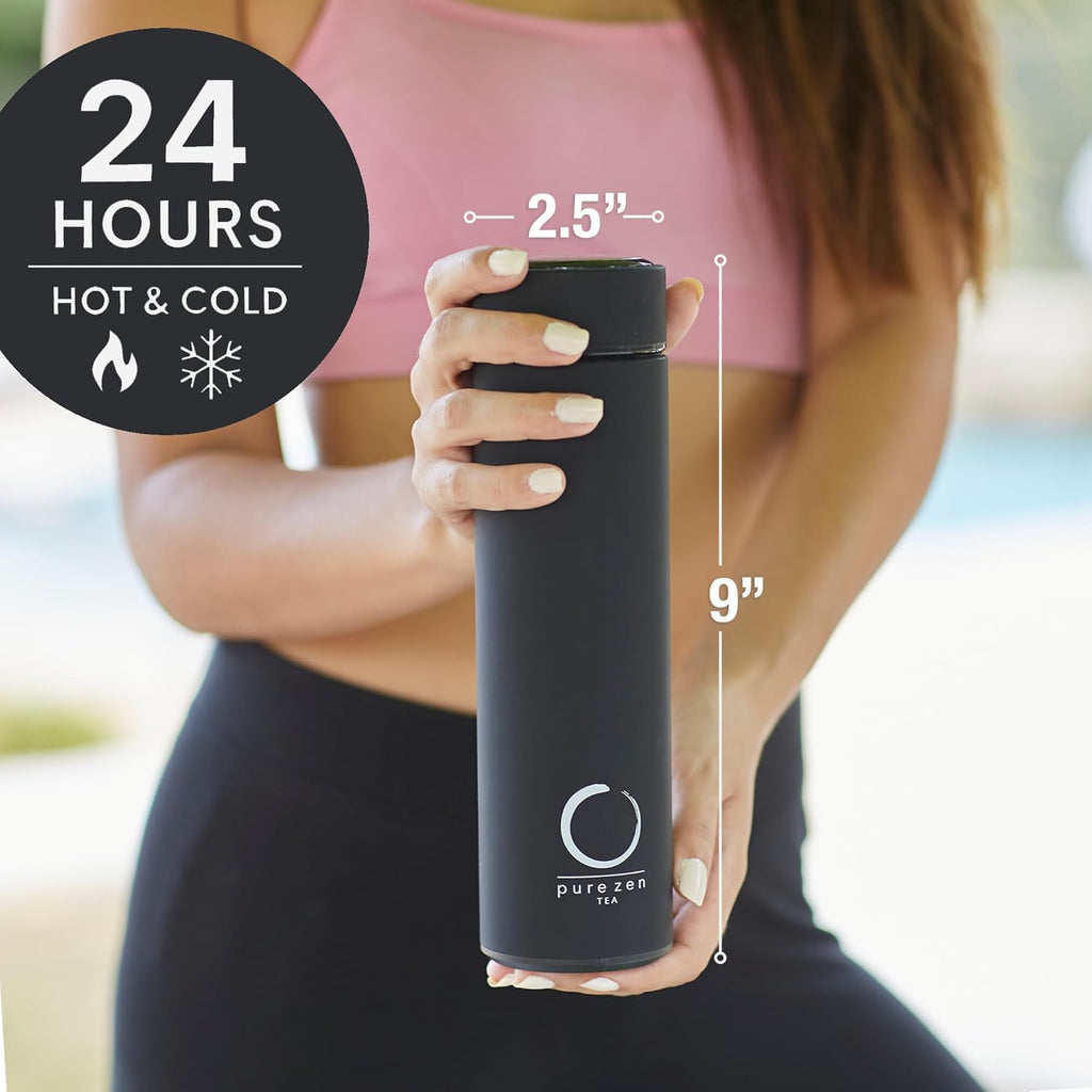 Pure Zen Stainless Steel Tea Thermos with Infuser for Hot and Cold Beverages - 15oz Leakproof Travel Mug for Coffee and Fruit-Infused Water - Black
