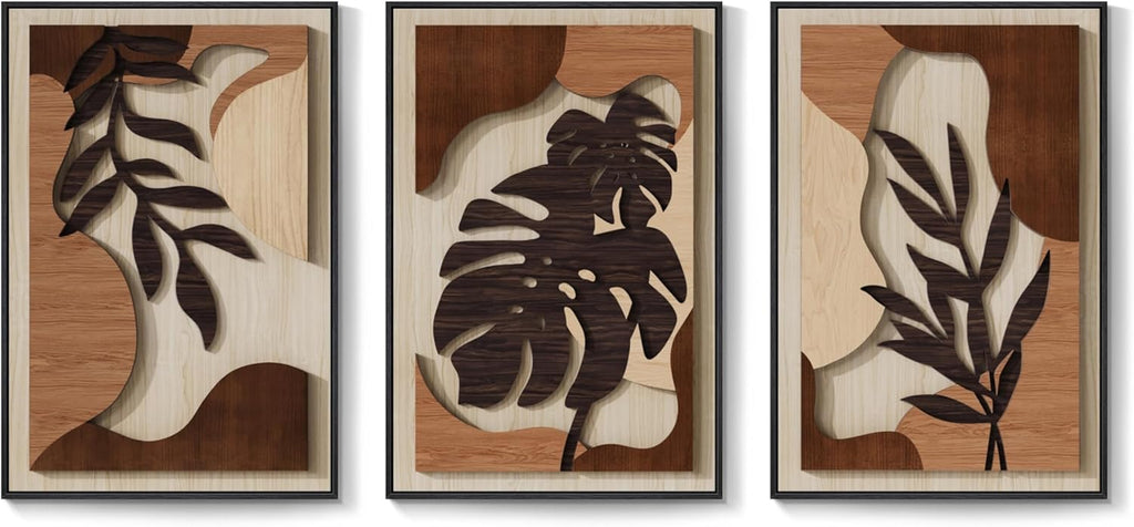 Framed 3D Boho Textured Wood Wall Art Set - Large 3-Piece Carved Tropical Botanical Décor for Living Room, Bedroom, Dining Room, and Home Office - Monstera Leaf Design, 20x30 Inches