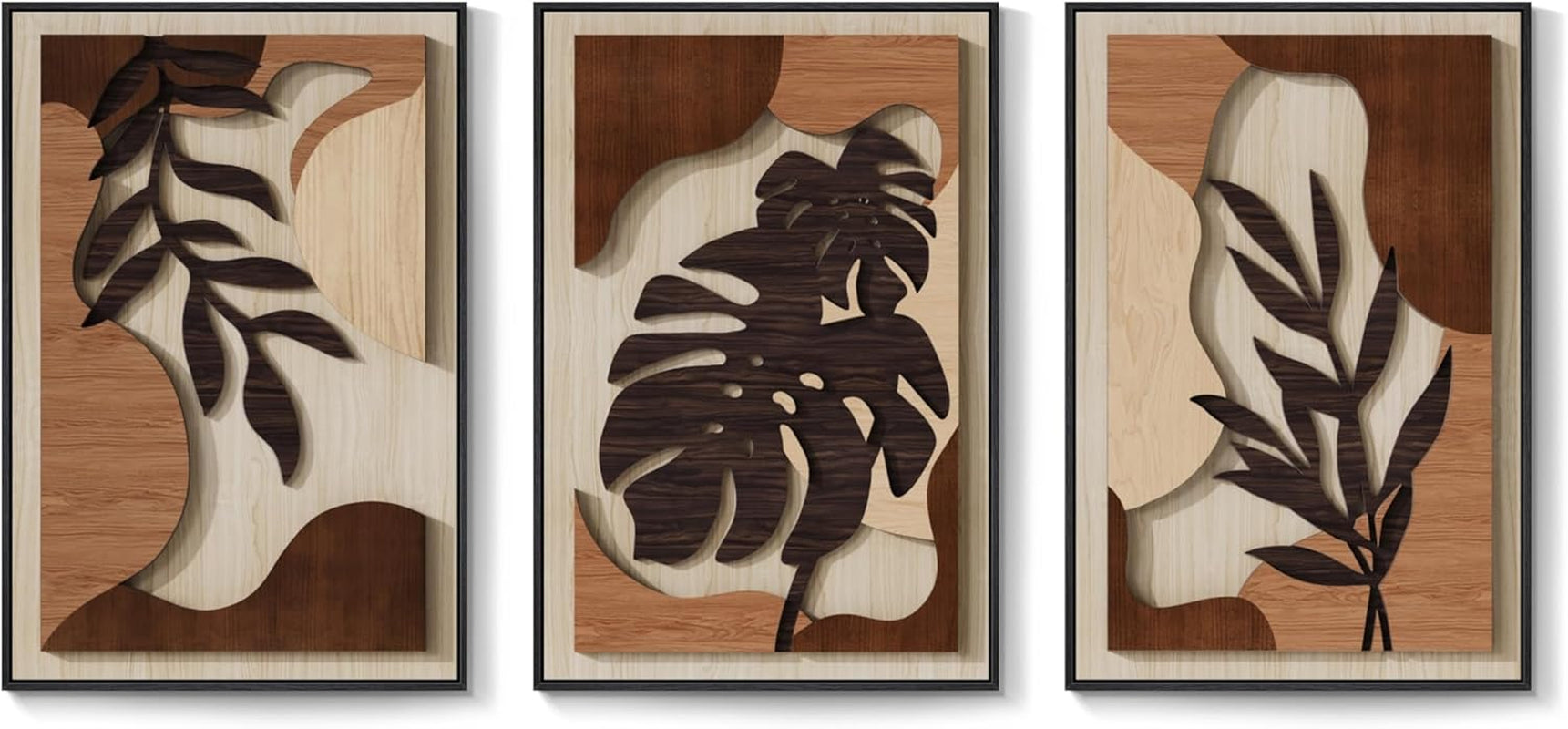Framed 3D Boho Textured Wood Wall Art Set - Large 3-Piece Carved Tropical Botanical Décor for Living Room, Bedroom, Dining Room, and Home Office - Monstera Leaf Design, 20x30 Inches
