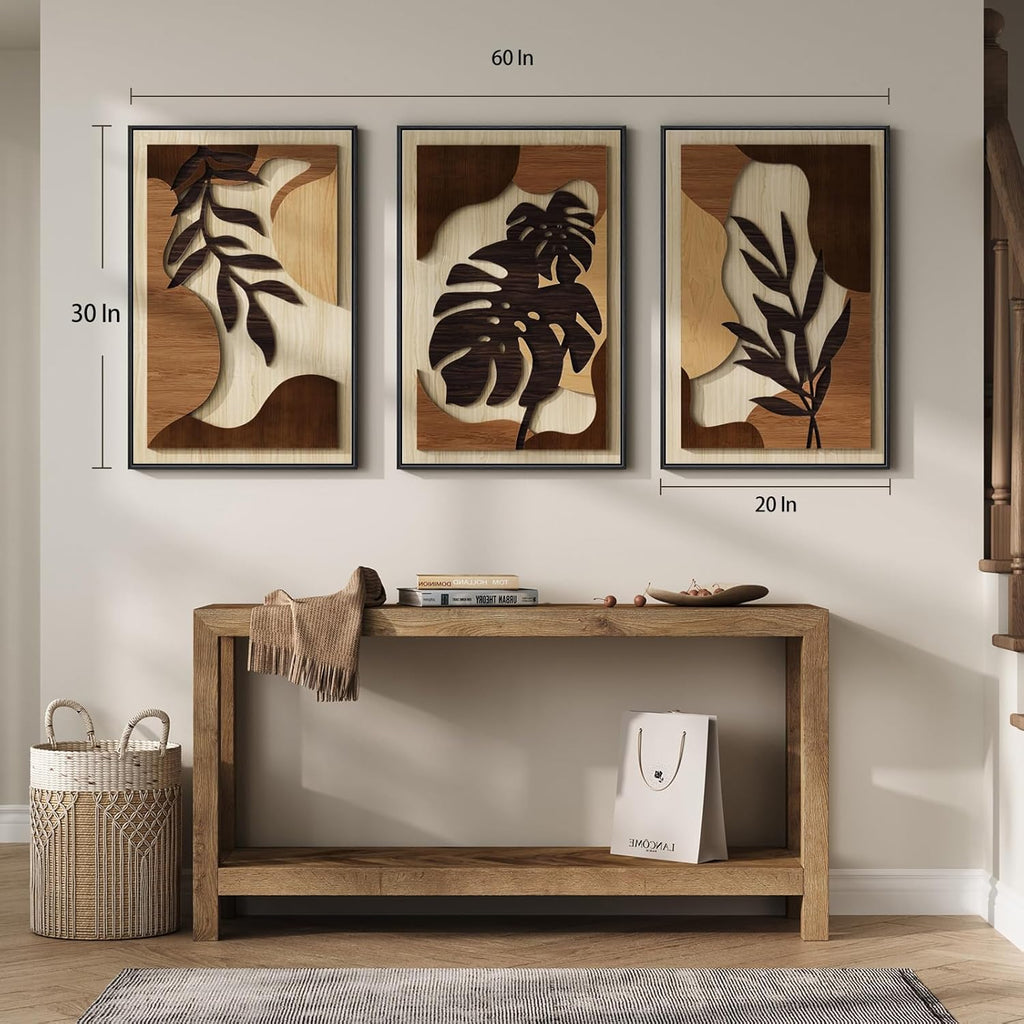 Framed 3D Boho Textured Wood Wall Art Set - Large 3-Piece Carved Tropical Botanical Décor for Living Room, Bedroom, Dining Room, and Home Office - Monstera Leaf Design, 20x30 Inches