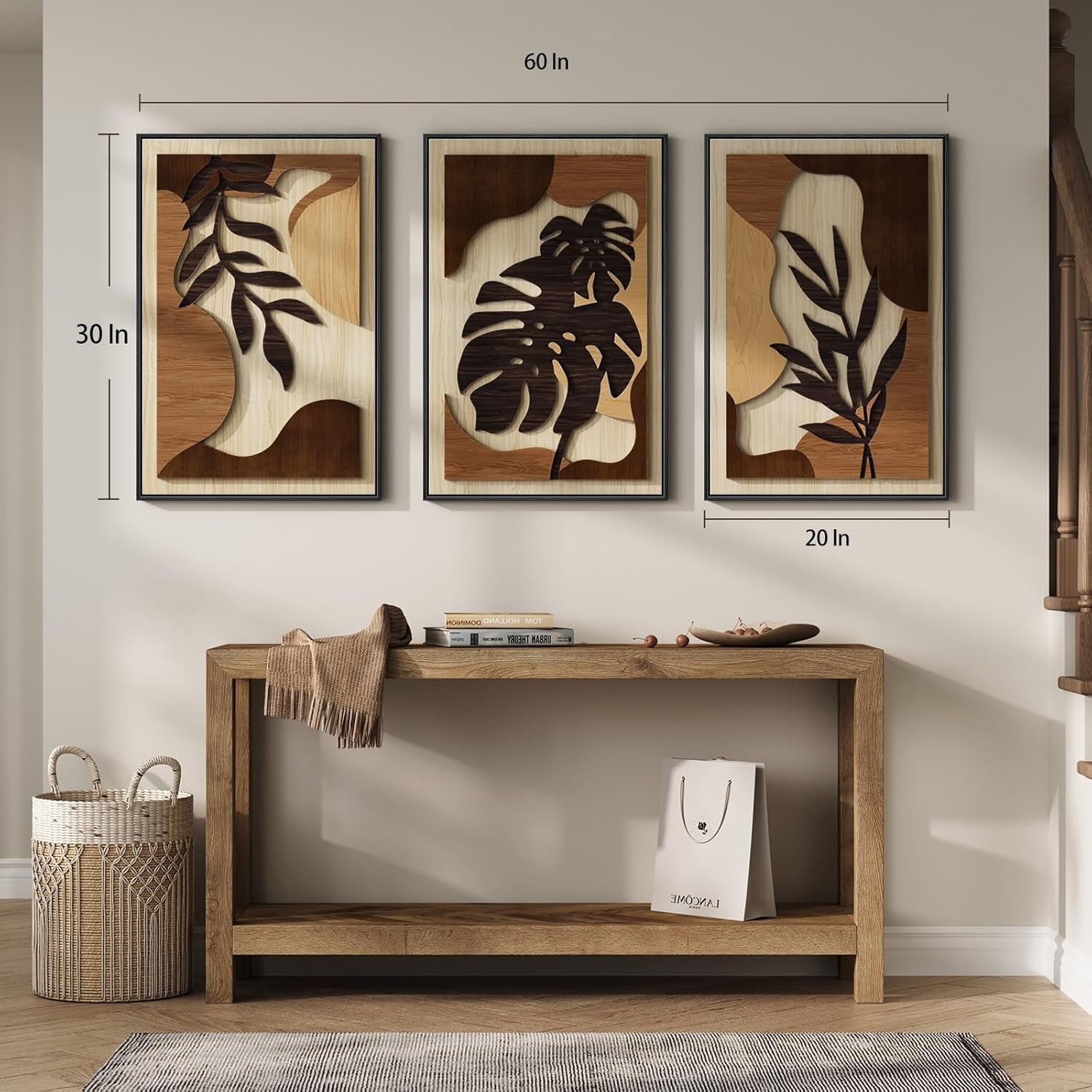 Framed 3D Boho Textured Wood Wall Art Set - Large 3-Piece Carved Tropical Botanical Décor for Living Room, Bedroom, Dining Room, and Home Office - Monstera Leaf Design, 20x30 Inches