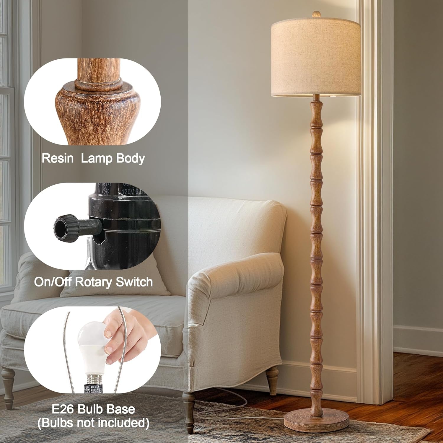 Rustic Floor Lamp 62Inch Walnut Linen Textured Shade