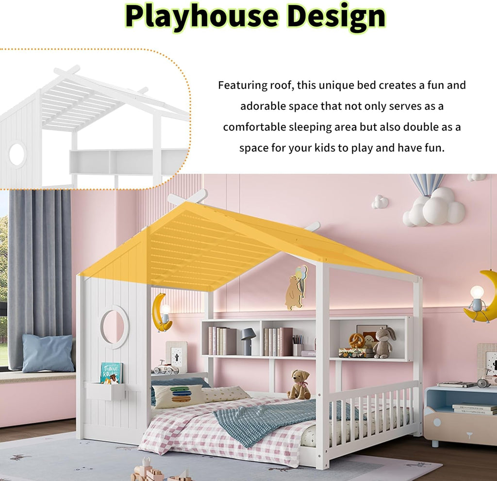 White Full Size Floor Bed Playhouse Storage Shelves
