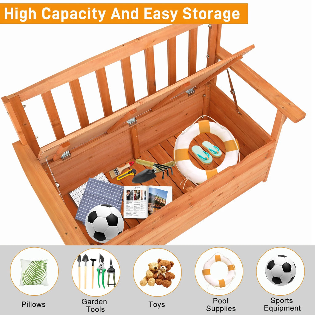 44" Outdoor Cedar Storage Bench with Backrest and Armrest, Large Patio Deck Box for Garden Tools and Cushions