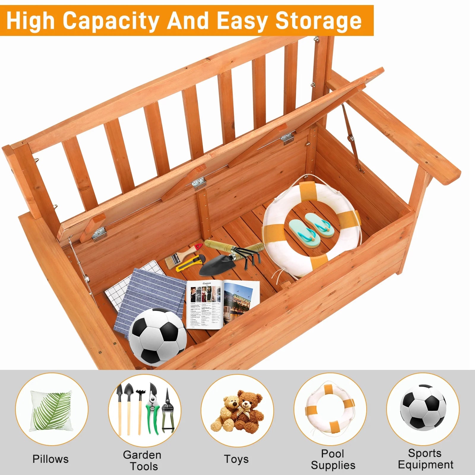 44" Outdoor Cedar Storage Bench with Backrest and Armrest, Large Patio Deck Box for Garden Tools and Cushions