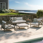 Northlake 5-Piece Outdoor Furniture Set in Weathered Gray White - Teak Wood Patio Conversation Set with Loveseat, Two Armchairs, Ottoman, and Side Table