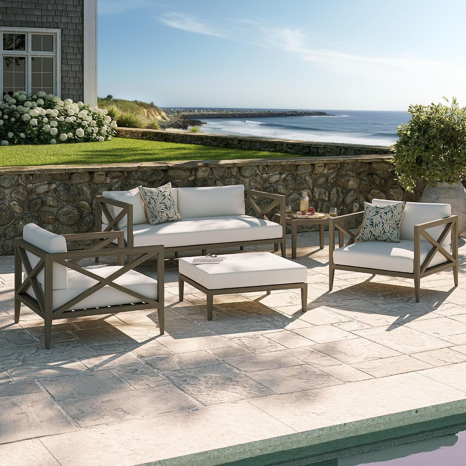 Northlake 5-Piece Outdoor Furniture Set in Weathered Gray White - Teak Wood Patio Conversation Set with Loveseat, Two Armchairs, Ottoman, and Side Table