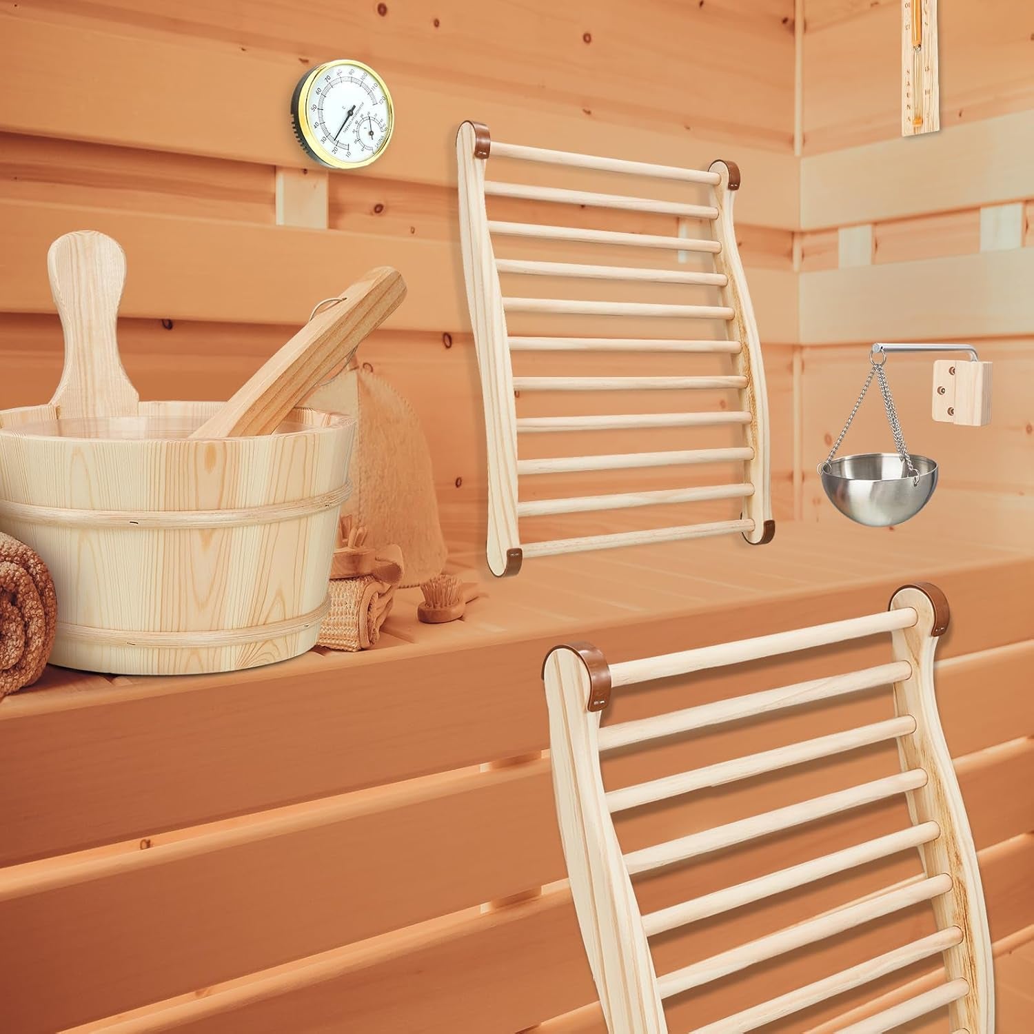 8-Piece Sauna Accessories Set: Wooden Bucket and Ladle, Thermometer and Hygrometer, Hourglass Timer, Two Backrests, Gable Vent, and Aromatherapy Oil Bowl – Ideal Gifts for Sauna Enthusiasts and Home Spa Experience